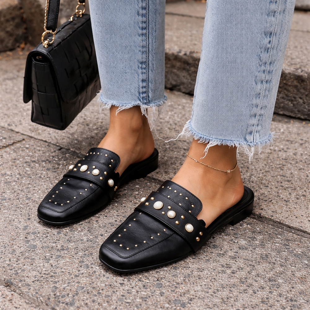 Free People Black Studded Pearl-Accent Leather Mules